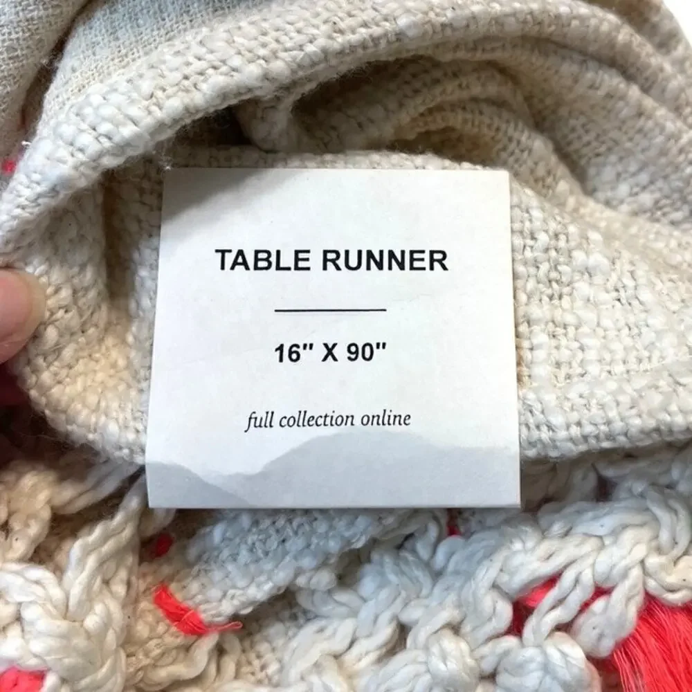 Anthropologie Home Beige & Bright Coral Table Runner 16 x 90 Tassels NEW